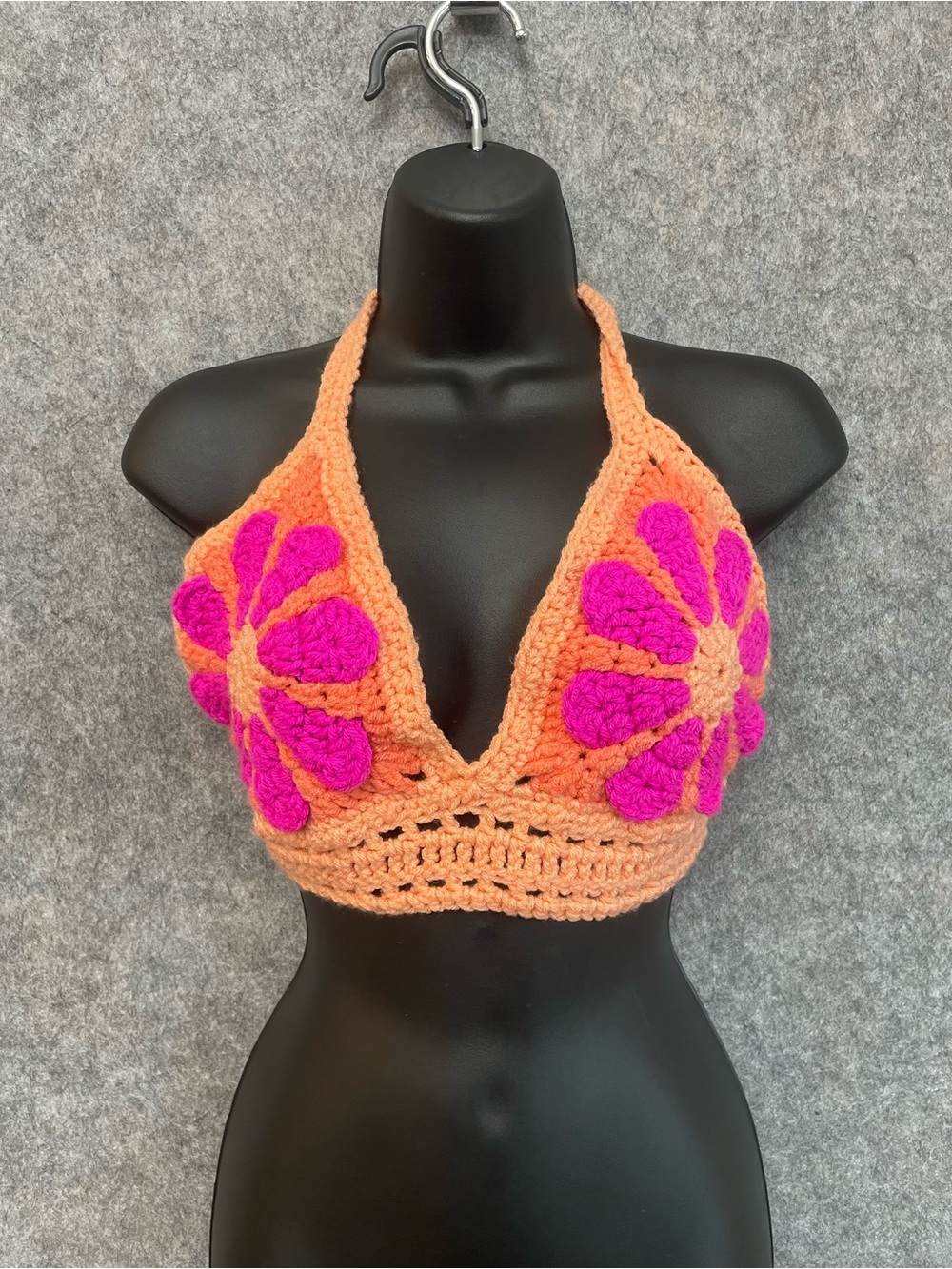 Handmade Crochet Halter Top M/L Orange Pink Flower Festival Boho Y2K Summer
